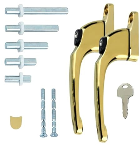 FixRello Maniglia universale per finestra in uPVC, con serratura, ambidestra, multi-mandrino, oro (2 pezzi)