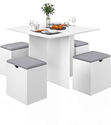 Mondeer Dining Table Set, Table and 4 Stools with Soft Cushion Wooden Space Saving for Dining Room Kitchen, L80 x W80 x H75 cm, White and Grey