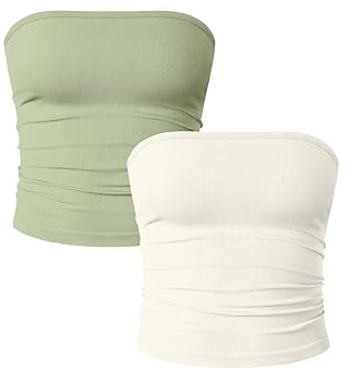 OQQ Womens 2 Piece Tube Tops Strapless Basic Sleeveless Stretch Classic-Fit Shirts Sexy Crop Tops Pea green Beige