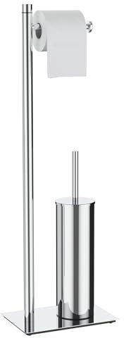 WZRUA Freestanding Toilet Roll Holder and Toilet Brush Holder Set, Chrome 304 Stainless Steel Toilet Paper Holder Stand, Anti Overflow Free Standing Toilet Brush Holder