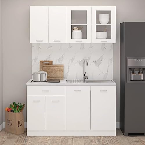 Emmtore Juego de Muebles de Cocina 4 Piezas Comedor Mobiliario Armario Estante Almacenaje Microondas Fregadero Lavavajilla Madera Contrachapada Blanco