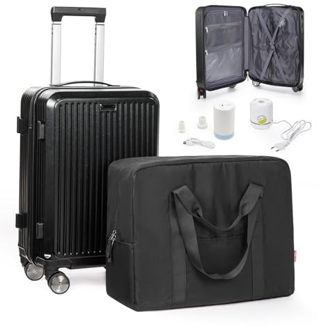 bergsalz Valigia Trolley Sottovuoto Con Pompa,Trolley Bagaglio a Mano 55x40x20 Ryanair Easyjet,Sottovuoto Valigia Bagaglio a Mano Con 4 Ruote,Set Valigie Rigida Con Borsa Da Viaggio,Nero