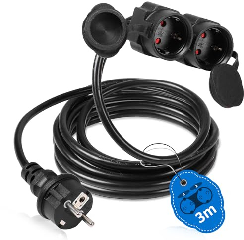 SWAWIS Verlängerungskabel Outdoor 3M 3500W Doppelstecker Außen mit Schutzkontaktstecker und Kupplung Schutzkappe Doppelsteckdose Stromkabel Außenbereich Verlängerung IP44 Wasserdicht, Schwarz