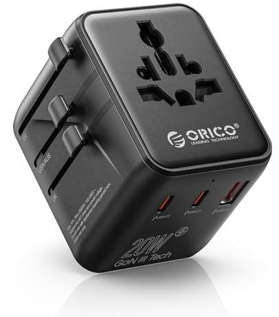 ORICO Adattatore Universale da Viaggio 20W, 5-in-1 con 2 USB-C 1 USB-A 2 Prese AC, Adattatore Presa Internazionale Compatibile con oltre 200 Paesi UE USA UK Australia Giappone - UA(Nero）