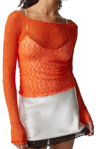 Intimo termico da donna, top a maniche lunghe con pizzo, top corto in mesh trasparente, top floreale a spalla scoperta, T-shirt, camicia, abbigliamento da strada, Colore: arancione., S