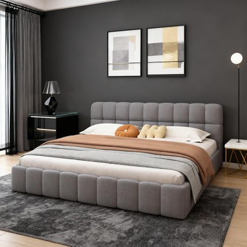 BRYXR Lit double capitonné 140x190, lit Bubble avec sommier à lattes, tête de lit rembourrée, lit double élégant, idéal pour les chambres d'adolescents et les chambres d'hôtes (Lin gris, sans matelas)