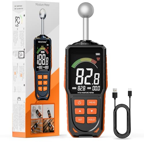 Misuratore di Umidità con Sonda Sferica, Igrometro Non Distruttivo con Display LCD Retroilluminato e Allarme, Ricaricabile USB, Profondità 5-40 mm, per Legno, Pareti e Calcestruzzo