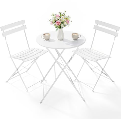 Clevich Lot de 3 Meubles de Jardin en Métal pour Extérieur, Résistants aux Intempéries, Pliable, Set de Bistrot Set en Métal avec 2 Chaises, Salon de Jardin Pliable 3 Pièces, pour Petit Balcon, Blanc