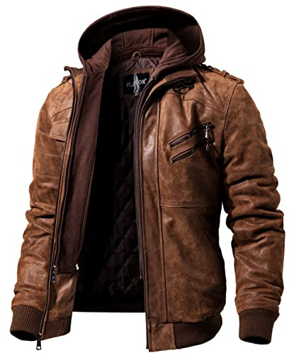 FLAVOR Men Brown Leather Motorcycle Jacket with Removable Hood (XX-Large (US standard), Brown)