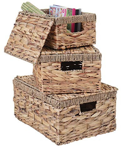 Mendler 3er Set Aufbewahrungsbox HWC-C23, Truhe Kiste Box mit Deckel, Wasserhyazinthe naturfarben