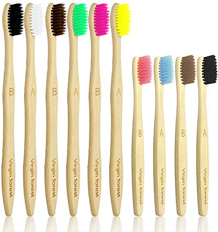 Virgin Forest Bamboo Toothbrush Set 10 Pack, 6 Adult 4 Kids | Family bamboo toothbrush set with soft bristles and colorful handles