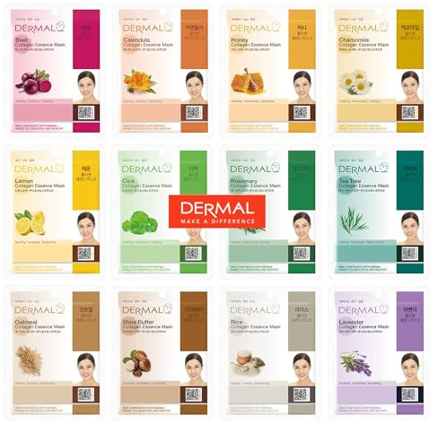 DERMAL 12 Combo Pack Collagen Essence Korean Face Mask, Hydrating & Soothing, Unisex Skin Treatment Mask