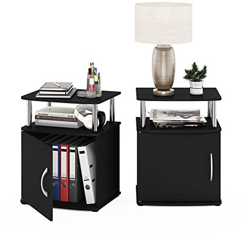 Furinno JAYA Side Table Set of 2, 2-Tier Open Shelf End Table with Door Cabinet, Soft-edges Night Stand, Bedside Table, for Living Room, Bedroom, Americano/Stainless Steel