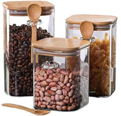 FIFOR Bocaux en Verre hermétiques avec Couvercle et cuillère de Rangement Alimentaire, Distributeur de Verre Transparent for Grains de café, Cassonade, thé, Farine, Noix et Plus