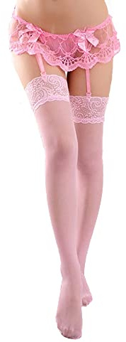 Women Lace Garter Belt and Stockings Set, Sexy Suspender with G-String Panties Satin Bow Trim Mini Skirt Hosiery with Adjustable Straps Mesh Lingerie Set Gift for Christmas Valentine (Pink, One Size)
