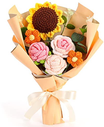 Omldggr Bouquet di fiori all'uncinetto, realizzato a mano, kit per bouquet all'uncinetto, girasole finto rosa, margherita per festa della mamma, compleanno, matrimonio, San Valentino e decorazione per