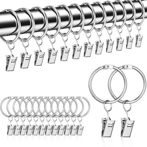 RobLuX 50 Stück Gardinenringe Mit 50 Stück Vorhang Clips,Gardinenringe Mit Clips,Vorhangringe Geeignet für Vorhänge,Gardinenstangen und Duschvorhänge,Innendurchmesser 30 mm (Silber)