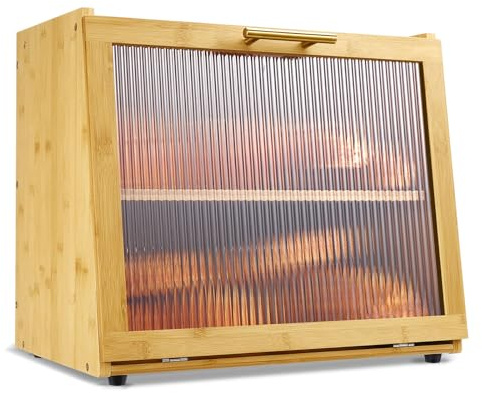 Joyvilla Double Layer Bamboo Bread Box for Kitchen Countertop, Bread Storage Container, Bread Box with Window, Large Capacity