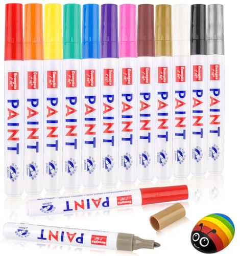 Deepton 12 Permanent Marker Stifte, 8 Farben Bunt Lackstift Stifte, Wasserfest Schnell Trocknend Glasstift Steine Bemalen, Permanentmarker Set für Kunststoff, Karton, Holz, Metall, Leinwand