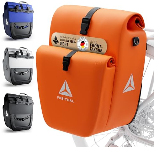 FREITHAL - Fahrradtasche für Gepäckträger mit Fronttasche [33L] - 100% wasserdicht & mit Reflektoren - Gepäckträgertasche & Umhängetasche - Bike Bag - Orange