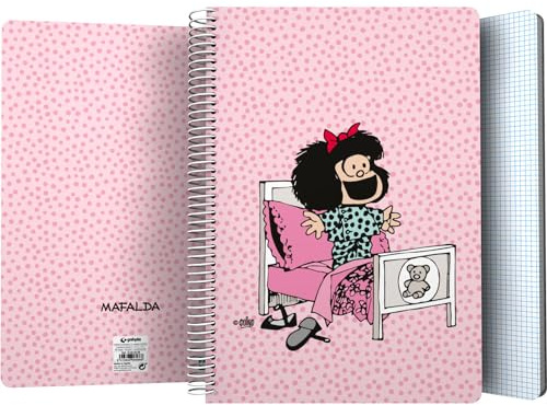 Grafoplas - Cuaderno Tapa Plastico, 80 Hojas Cuadriculadas 4x4 90g, Tamaño Folio, Espiral, Colección Diseño Mafalda Morning, Certificado FSC, Ideal como Material Escolar