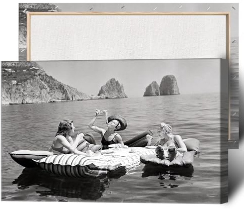 Dcvjiy Eating Spaghetti On The Water Vintage Poster Trendy Italian Capri Island Canvas Wall Art Funky Champagne Bar Cart Prints Painting For Living Room And Bedroom Party Wall Decor 24x36in Wframed