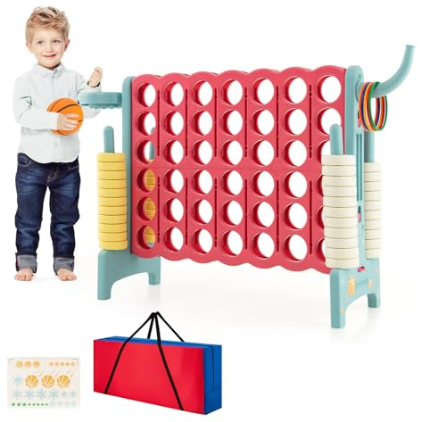COSTWAY Enorm 4 vinner spel med basketkorg och kastspel, fyra vinner inklusive 42 jumbo ringar, skjutreglage och bärväska, fyra i rad spel stora (ljusblå, med ficka)