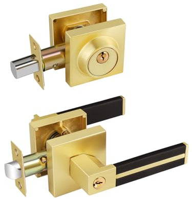 EHOMEWARE 4 Pack Gold Door Knobs with Single Cylinder Deadbolt, Brushed Barss Door Handles Interior, Door Levers Wrapped in Black Leather, Heavy Duty Door Lever in Satin Brass Finish, Left/Right
