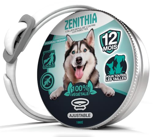 ZENITHIA Collier Anti Puces pour Chien - Collier Anti Puce Chien - Anti Tiques Haute Qualité - 12 Mois de Protection - 65cm Réglable Toutes Tailles - 100% Naturel - Imperméable déperlant (1 Unité)