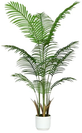 4FT Artificial Palm Tree Indoor with White Pot, Realistic Leaves, 9 Trunks Adjustable Branches, Tall Faux Fake Palm Plant, Ideal for Living Room Bedroom Office Home Interior Aesthetic Decor