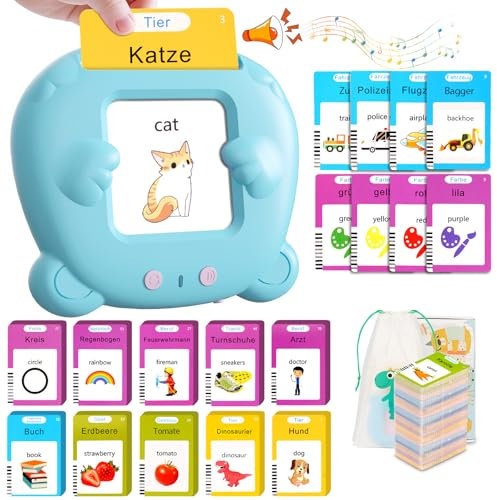 Winnrok Sprechende Lernkarten Deutsch Englisch,Sprachförderung Lernspielzeug für Kinder ab 2-6 Jahr,224 Wörter 112 Blätter Lernkarten,Sprachspiele Interaktives Spielzeug für Mädchen Jungen