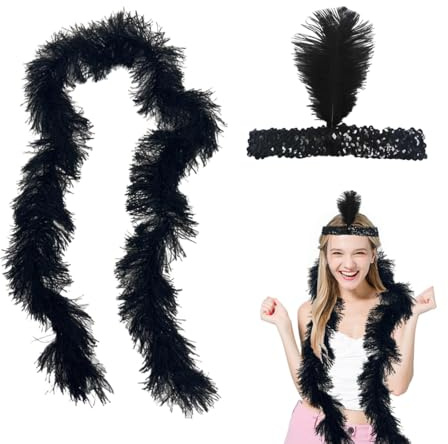 LAKJUOZ Negro Boa Plumas,150 Cm Bufanda De Plumas Falsas Con Diadema De Plumas Con Lentejuelas,Boa De Plumas,Accesorio De Disfraz, Charlestón, Flapper, Carnaval, Fiesta Temática, Teatro, Cosplay