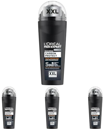 L'Oréal Men Expert XXL 5in1 Deoroller für Männer, Deo Roll-On gegen starken Schweißgeruch, Schwitzen, Achselnässe und weiße Rückstände, Herren 48H Deodorant ohne Alkohol, Carbon Protect, 1 x 100 ml