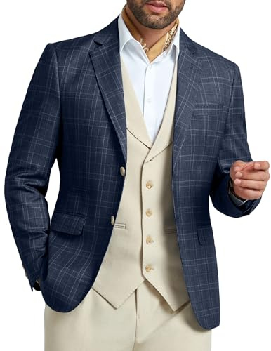 Mens Blazer Suit Jacket for Men Business Slim Fit Navy Blue Stripes Plaid Casual Sport Coats Prom Party 2X-Large
