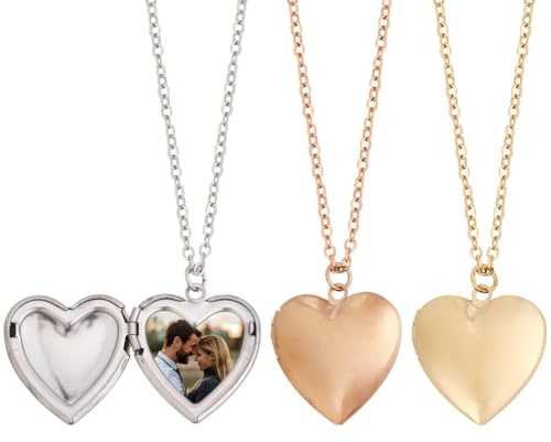 PLIGREAT Collier Médaillon Photo en Forme de Cœur 3 couleur pour Femme Pendentif en Acier Inoxydable avec Médaillon Ouvert en Forme de Cœur Doré Chaîne de 45cm /17.7 pouces Cadeau Commémoratif