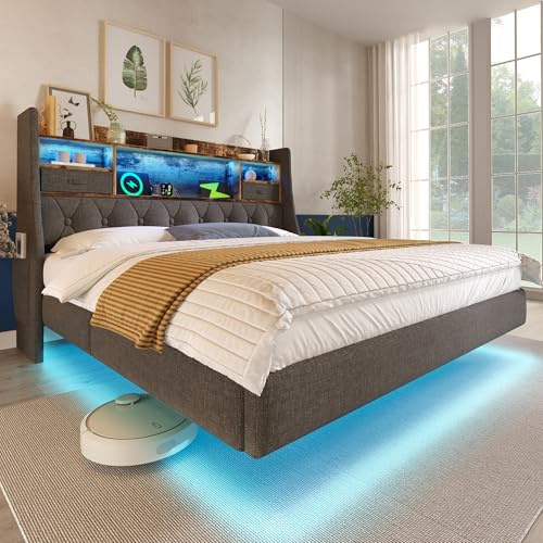 HOXINBLY Letto 180x200 con USB e illuminazione a LED, letto matrimoniale sospeso con testiera contenitore e rete a doghe, moderna struttura imbottita Letto 180x200 in lino grigio (senza materasso)