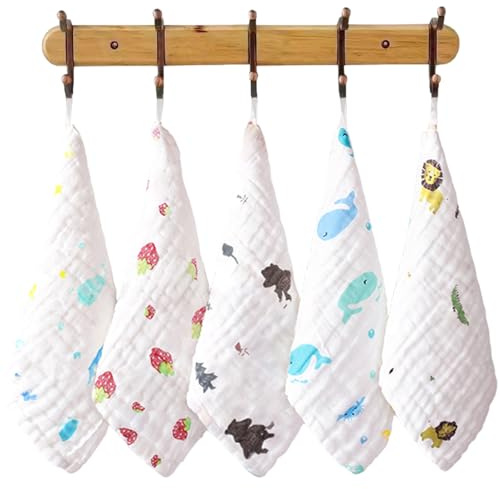 NIDONE Panni in mussola per bambini da 5 pezzi, panno per neonati traspirante super assorbente da 12x12 pollici, quadrati in mussola di cotone lavabile con corda appesa