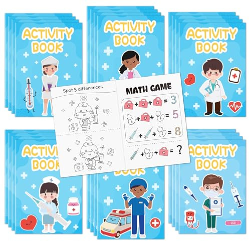 2OOYA Lot de 24 livres de coloriage de dessin animé pour fête d'enfants, médecin, infirmière, médecin, 6 styles, pages colorées, mini jeu éducatif de poche pour récompense en classe, cadeau