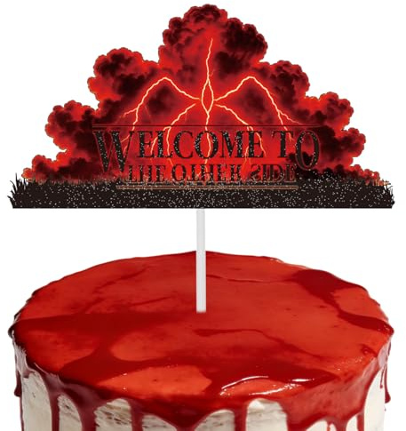 SAVITA Adorno para Tarta Cumpleaños El Mundo Al Revés, Papel Brillante Rojo y Negro Decoración Tarta de Cumpleaños Bienvenido Al Otro Lado Suministros para Fiesta de Cumpleaño y Halloween