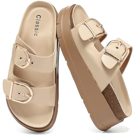 Sandales Plateforme Femme Bride Réglable Boucle, Semelles Épaisses Mules | Semelle Liège Chaussures Plage Plateau, d'Été Légères Maison, Chaussons Antidérapants