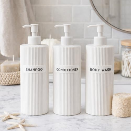 New Stunning Tall Bathroom Soap Dispensers 3 Pack with Shampoo Conditioner and Body Wash Labels – Stylish Refillable Pump Bottles for Neat and Uniform Bathroom Storage -A04 (Cream)