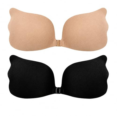 GEEKPC Soutien-gorge adhésif sans bretelles avec fermoir avant, soutien-gorge push-up dos nu à coller pour robes à coupe basse, hauts à épaules dénudées, mariages et fêtes, Noir D + Nude D, Taille