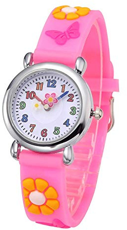 Mixe First Time Teacher Boys Girls Children Kids Analog Wrist Watch Cartoon 3D Band Environment Friendly Silicone ME92 (Z Flower Butterfly Pink)