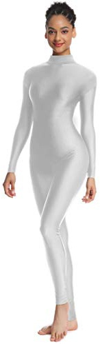 OVIGILY Adult High Neck Long Sleeve Dance Unitard for Women Bodysuits - Silver - Large