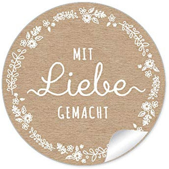 24 STICKER Mit Liebe gemacht Etiketten für ihr Gastgeschenk in Natur Kraftpapier Look mit weißer Blütenranke zum beschriften von Selbstgemachtes, Briefen oder Geschenkverpackungen, 4 cm, matt