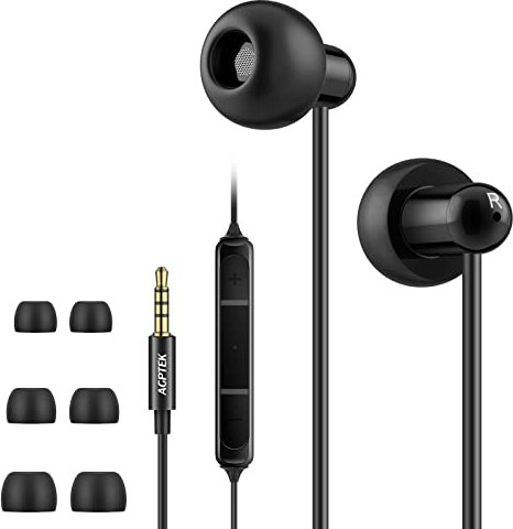 AGPTEK Auriculares In-Ear para Dormir, Cascos con Micrófono y Cable Control Sonido Estéreo 3.5mm para Dormir, Deportes, Viajes, Meditación y Relajación, Negro ZP04