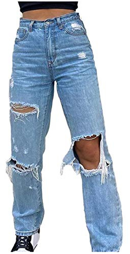 Buetory Y2K Fashion Jeans for Women High Waist Wide Leg Straight Jeans Trousers Loose Ripped Denim Pants Vintage Streetwear