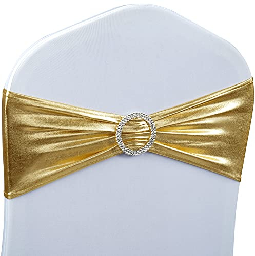 Babenest Cintas con Lazo para sillas, elásticas, con Hebilla Deslizante, universales, para Bodas, Fiestas, Ceremonias, recepciones, decoración de Banquetes, 30 Unidades, Dorado metálico