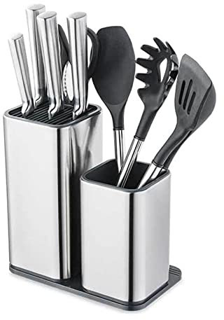 Bloc à couteaux 2 en 1 - Design unique - Sans couteau - Universel - En acier inoxydable - Non équipé - Avec porte-ustensiles - Pour un nettoyage facile