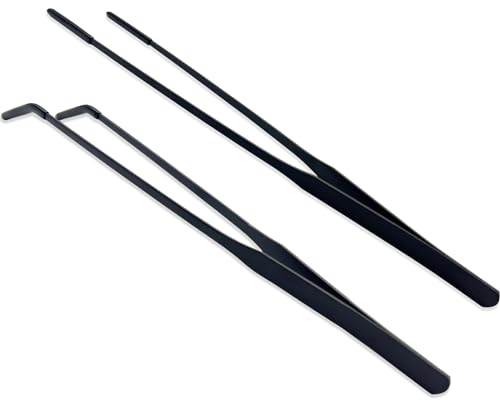 Stainless Steel Straight and Curved Tweezers Aquarium Tweezers with Rubber Tips Long Handle Reptile Feeding Tongs for Fish Tank Aquatic Plants, 2pcs, 10.6 Inch, Black